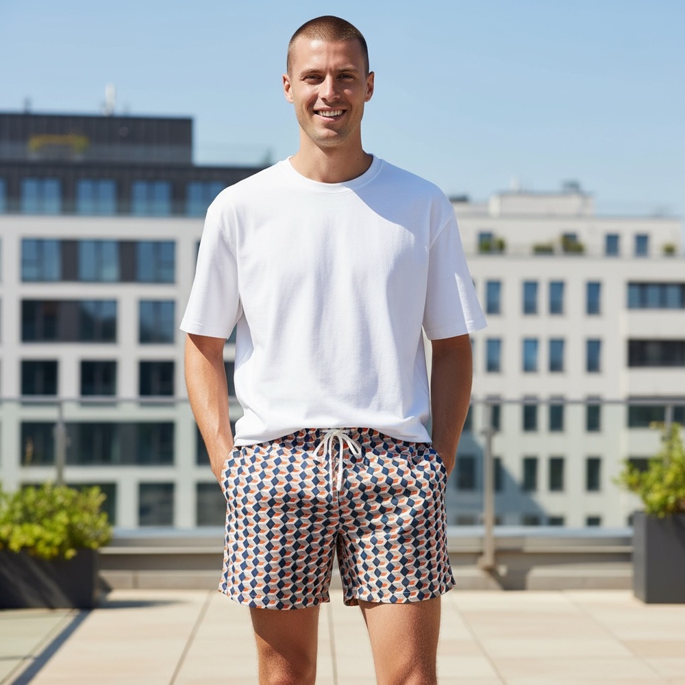 Mr.Swim Blue and Orange Geometric Swim Shorts